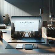 Virtueel bedrijfsadres – Professionele kantoorinrichting Professionele presentatie van een virtueel zakenadres op een stijlvol bureau met digitale apparaten op de achtergrond