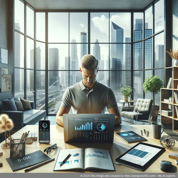 Professionelle Arbeitsumgebung mit digitalen Geräten symbolisiert durch ein modernes Home-Office Setup zur Darstellung eines virtuellen Büros.