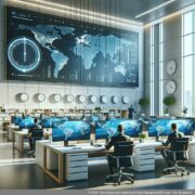 Illustration eines virtuellen Büros mit Symbolik für globale Präsenz und Effizienz