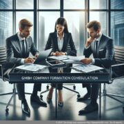 Professional Consultation for Successful GmbH Formation Consultant presents documents on GmbH formation advice at a modern office desk