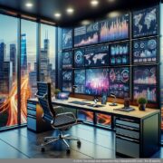 Šiuolaikinė virtualaus biuro sąranka internetinės rinkodaros specialistams Profesionalus virtualaus biuro, kurį simbolizuoja šiuolaikiniai skaitmeniniai elementai, reprezentacija