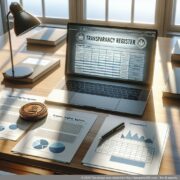 Şeffaflık kaydı giriş belgeleri bir dizüstü bilgisayarın yanında şirket mührü bulunan bir masada