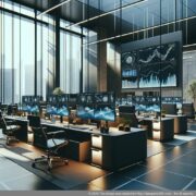 Илустрација на модерна виртуелна канцеларија со различни работни области симболизирани со компјутерски екрани