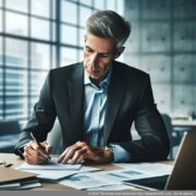 Doanh nhân lập kế hoạch chiến lược thành lập GmbH tại bàn làm việc của mình với các tài liệu