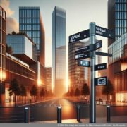 آدرس دفتر مجازی حرفه ای روی تابلویی شیک در یک منطقه تجاری معتبر