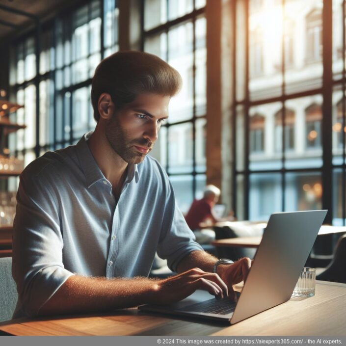 Mann arbeitet entspannt im Café mit Laptop dank seiner virtuellen Geschäftsadresse