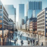 Distrito comercial dinâmico em Dusseldorf – ideal para endereços corporativos Edifícios de escritórios profissionais no dinâmico centro da cidade de Düsseldorf como símbolo de sucesso empresarial.