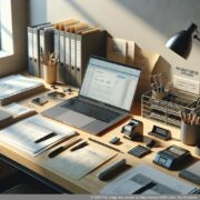 Moderne Büroumgebung für Geschäftskommunikation Eine moderne Büroumgebung mit einem Laptop und Dokumenten auf einem Tisch symbolisiert die Nutzung einer ladungsfähigen Geschäftsadresse zur Optimierung der Postbearbeitung.