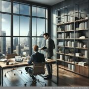 Modernūs biuro baldai, orientuoti į verslo sėkmę Profesionalus modernaus biuro interjero reprezentavimas, orientuojantis į naudingą verslo adresą kaip verslo sėkmės simbolį.