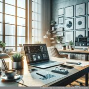 Ein modernes Büro mit einem Laptop auf einem Tisch zeigt das Konzept eines virtuellen Büros.