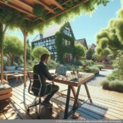 Grafika modernog radnog okruženja sa laptopom na stolu na otvorenom; simbolizira fleksibilnost kroz virtuelnu kancelariju kao sjedište kompanije.