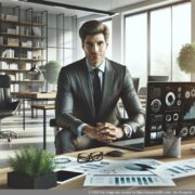 Illustratioun vun engem däitschen Entrepreneur, deen seng Unternehmergesellschaft (UG) online opstellt, ëmgi vun Dokumenter.