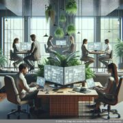 Visualiséierung vum Konzept vun engem virtuelle Büro mat engem Fokus op Flexibilitéit a Professionalitéit.