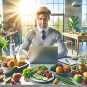 Zmotywowany przedsiębiorca planuje swoją działalność na własny rachunek w dziedzinie żywienia i zdrowia, siedząc przy laptopie przy stole.