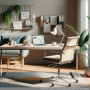 Bir masa ve dizüstü bilgisayarın bulunduğu modern bir sanal ofis, esnekliği ve maliyet verimliliğini simgeler.