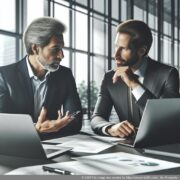 Zwei deutsche Unternehmer diskutieren strategisch über die Gründung einer GmbH mit Fokus auf die Auswahl der richtigen Geschäftspartner.
