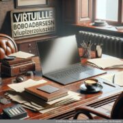 شخصی در یک دفتر کار مدرن با یک لپ‌تاپ کار می‌کند که علامت «آدرس‌های دفتر مجازی» در پس‌زمینه دارد.