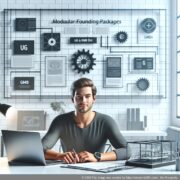 モジュールパッケージで効率的に起動 この図は、UG または GmbH のモジュール式設立に関する文書をラップトップで作業している創設者を示しています。