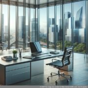 Professioneller Firmensitz: Eine moderne Büroumgebung mit einem Schreibtisch und Laptop zeigt den idealen Arbeitsplatz für Unternehmer.