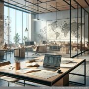 Modernes virtuelles Büro Ein modernes virtuelles Büro mit einem Laptop auf einem Schreibtisch sowie Notizen; symbolisiert Flexibilität im Arbeiten mit einer professionellen Geschäftsadresse.