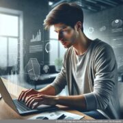 ウェブサイトの最適化に重点を置いたオンライン企業 (UG) を設立する人のイラスト。