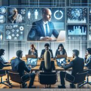 Virtual ofisdə effektiv ünsiyyət Qrafik rəqəmsal iş mühitində effektiv ünsiyyəti simvolizə edən video konfranslarda komanda üzvləri ilə virtual ofisi göstərir.