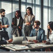 Ein Team von Fachleuten diskutiert strategische Entscheidungen zur Wahl eines Geschäftsführers für eine GmbH.