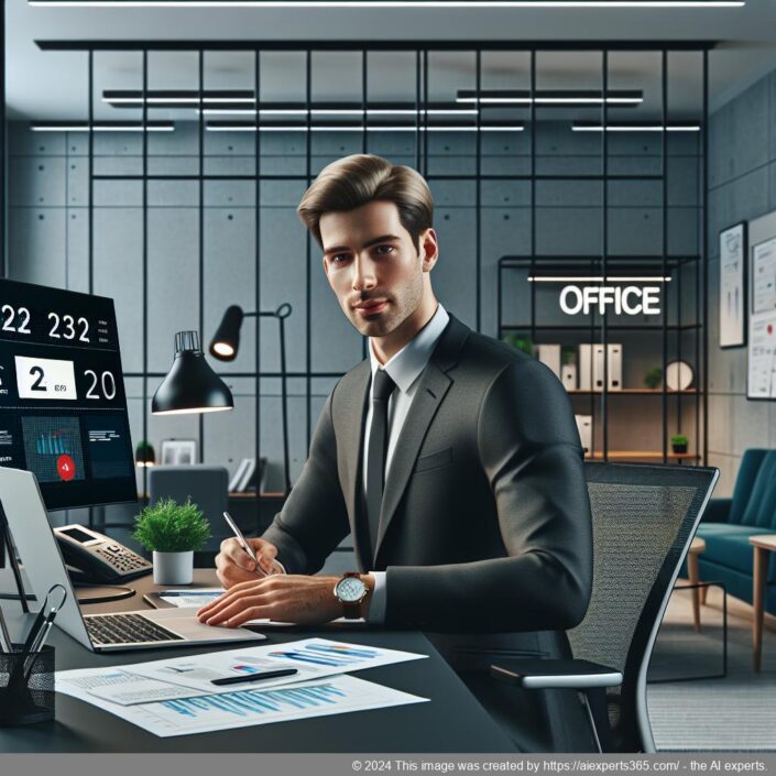 Прафесійная офісная сітуацыя з нямецкім прадпрымальнікам за сталом, які карыстаецца офіснымі паслугамі.