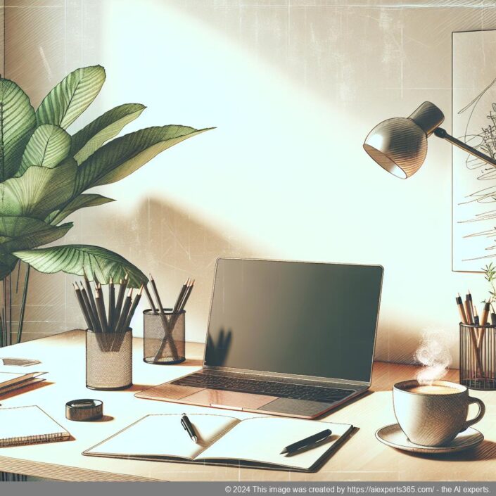 Вобраз сучаснага працоўнага асяроддзя з ноўтбукам на стале побач з кубкам кавы; сімвалізуе гнуткасць праз віртуальны адрас офіса.