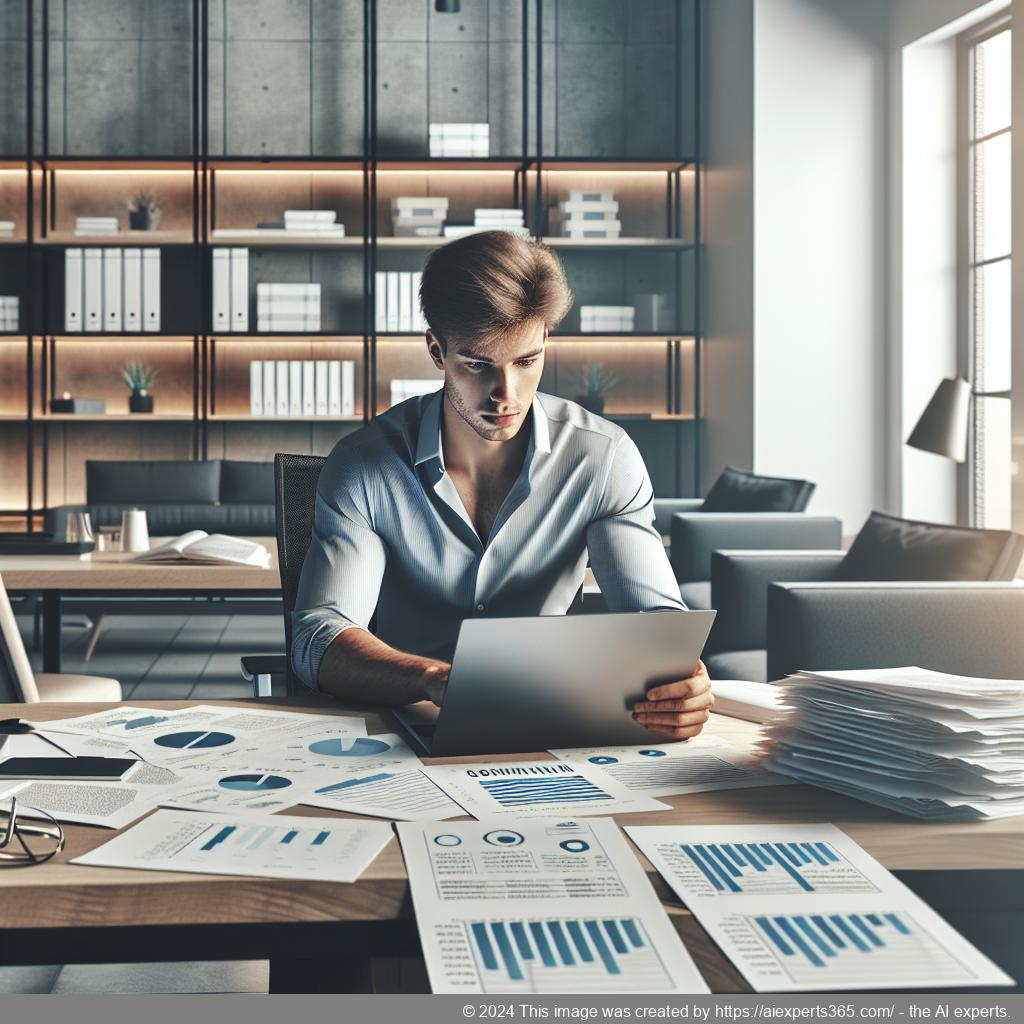 Person plant UG-Gründung mit Businessplan Dokument auf Tisch inklusive Laptop und Diagrammen.