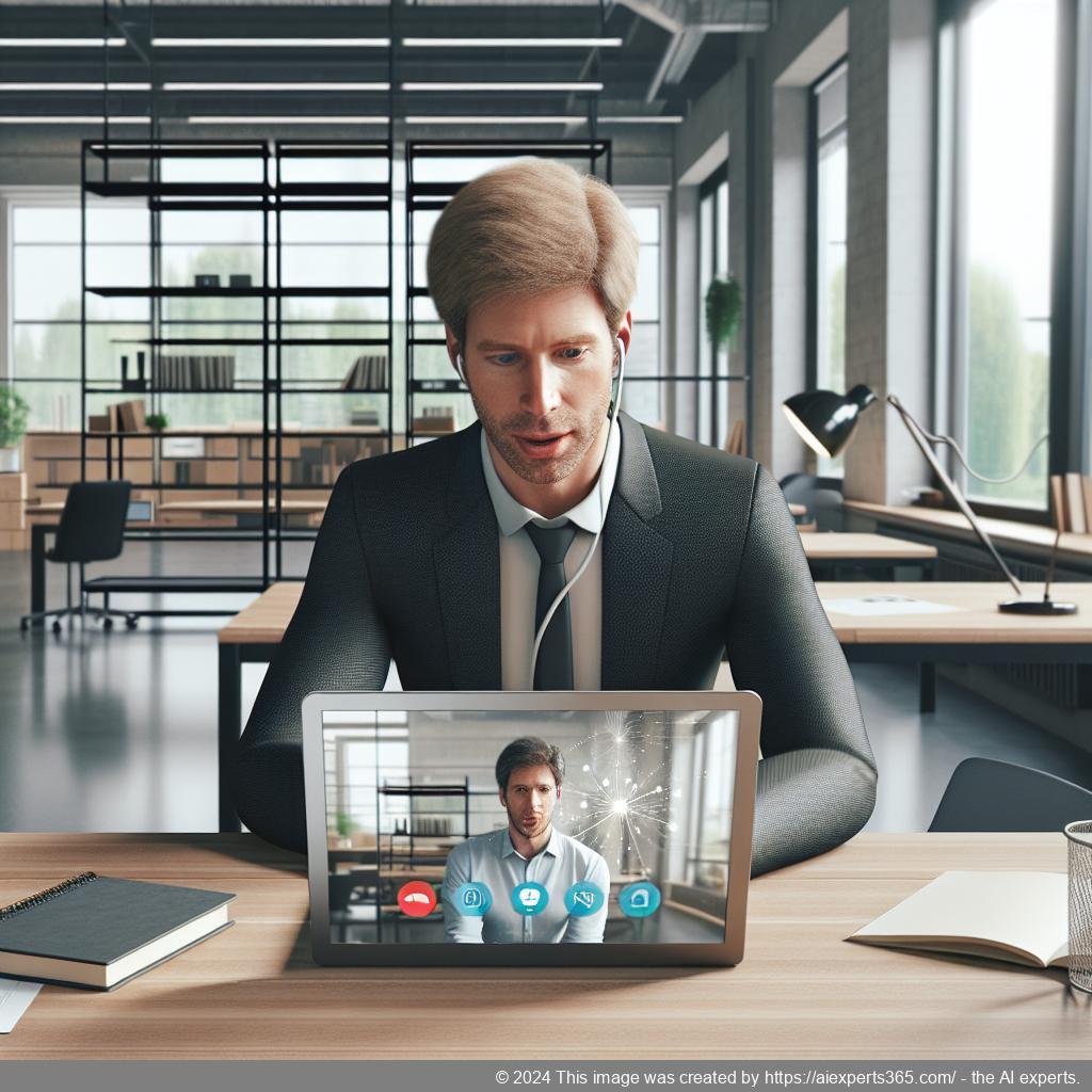 Ein Bild zeigt einen deutschen Unternehmer im Büro mit einem Laptop, während er mit seiner virtuellen Assistentin kommuniziert.