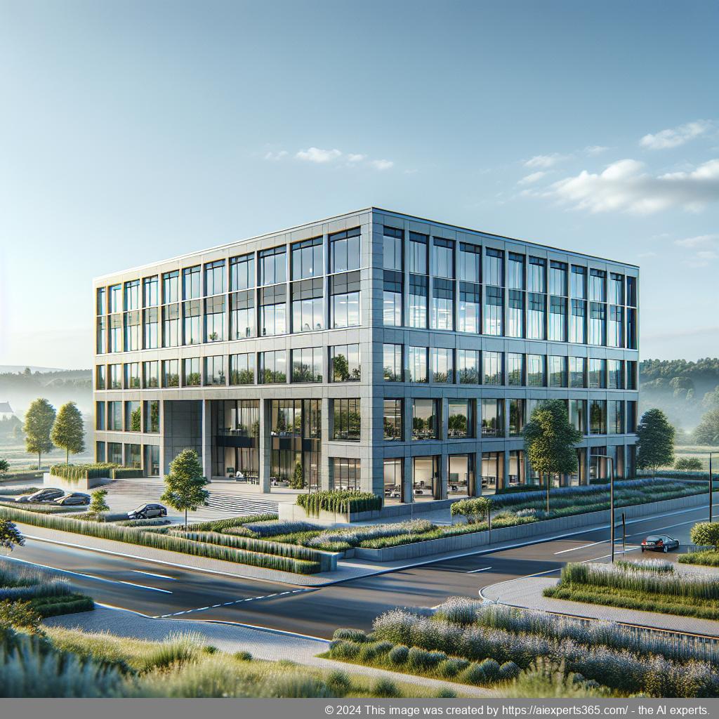 Illustration einer modern gestalteten Bürofassade am Niederrhein symbolisiert professionelle GmbH-Gründungsberatung