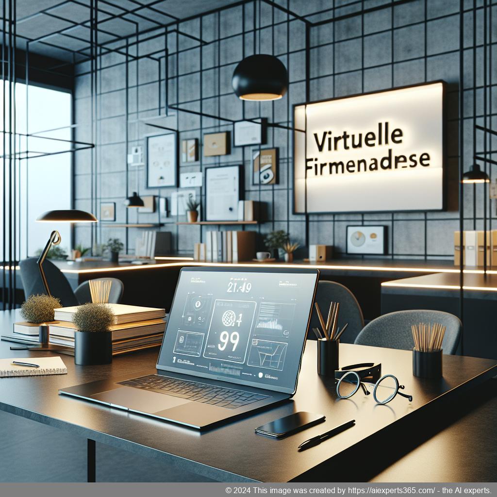 Grafik zeigt einen modernen Arbeitsplatz mit Laptop und Dokumenten sowie einem Schild mit 'Virtuelle Firmenadresse', symbolisiert Professionalität ohne physisches Büro.