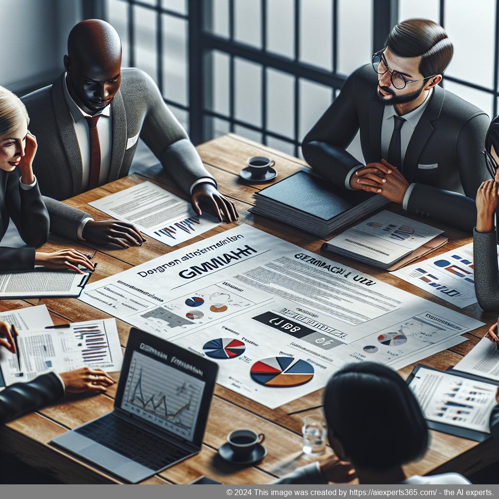 Visualisierung des Ablaufs zur Gründung einer GmbH in Deutschland mit Fokus auf wichtige Schritte wie Namenswahl, Gesellschaftsvertrag und Handelsregistereintragung.