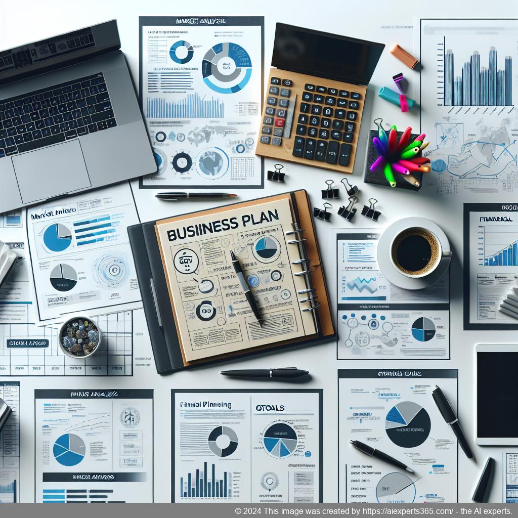 Strategischer Aufbau eines Businessplans zur Gründung einer GmbH visualisiert auf einem Schreibtisch mit Diagrammen und Notizen.