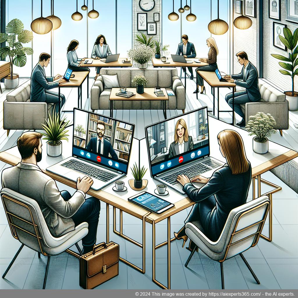 Grafik eines modernen virtuellen Büros mit Menschen aus Westeuropa bei der Zusammenarbeit online.