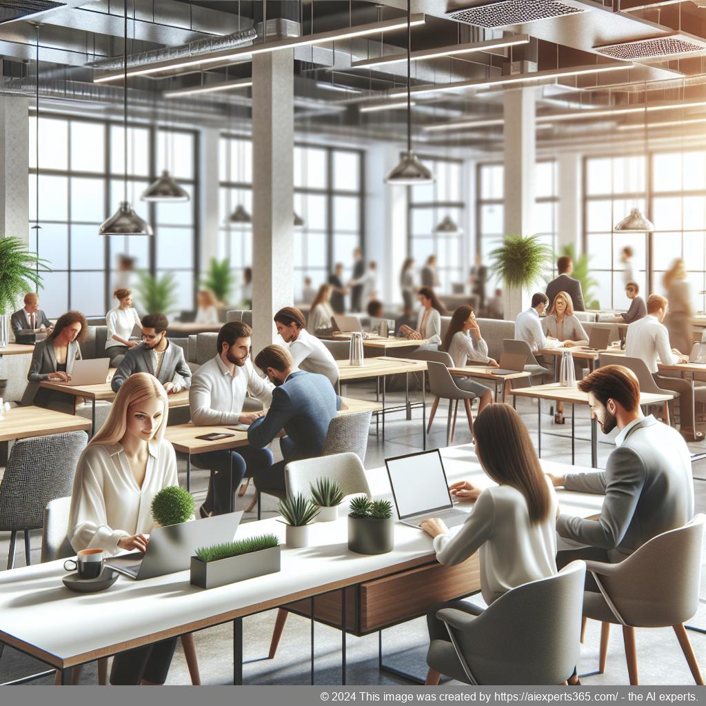 Professionelle Präsentation eines virtuellen Büros mit einem Team von Fachleuten bei der Arbeit an Laptops in einem modernen Coworking-Space.