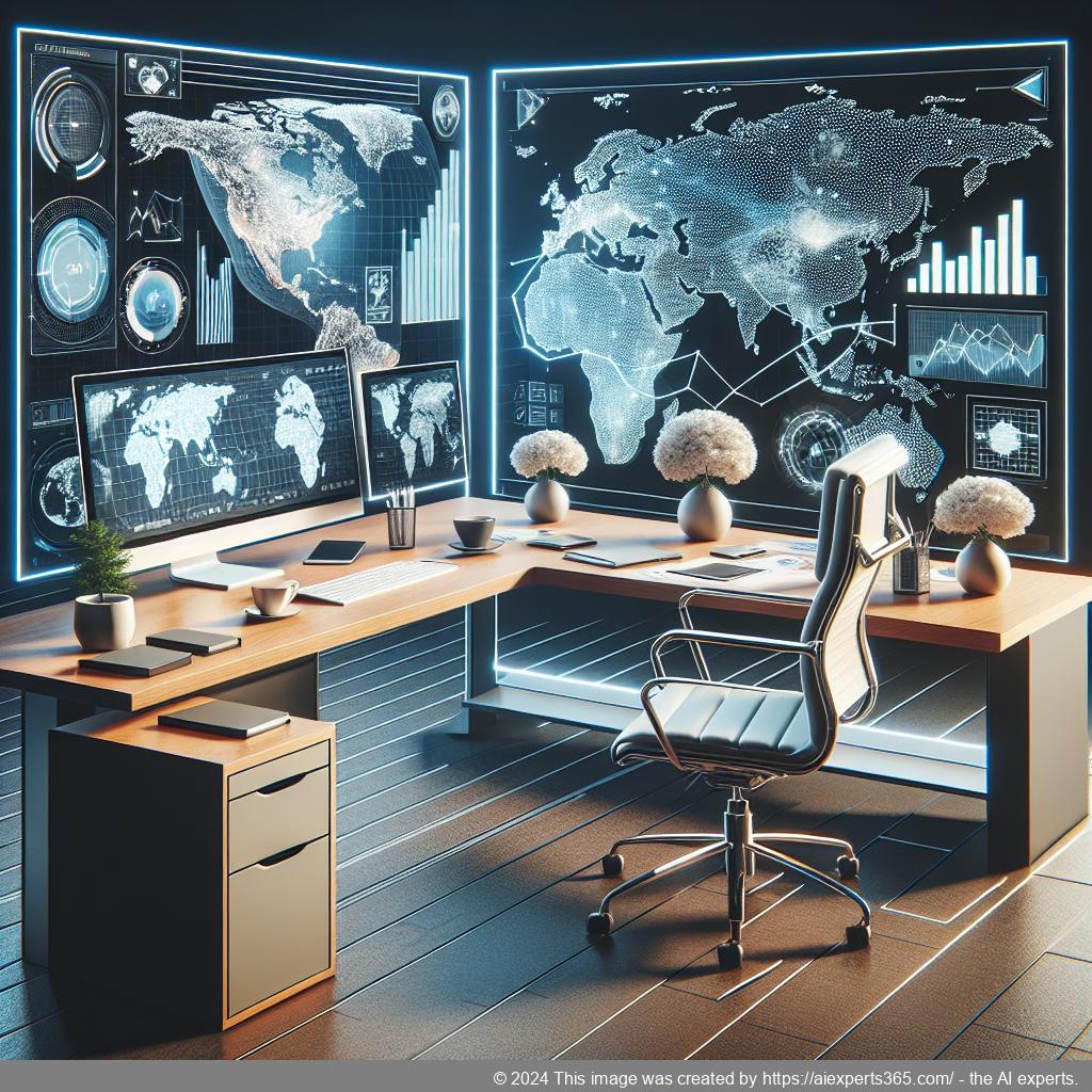 Virtuelles Büro mit globaler Adresse symbolisiert durch Weltkarte und Bürosymbole