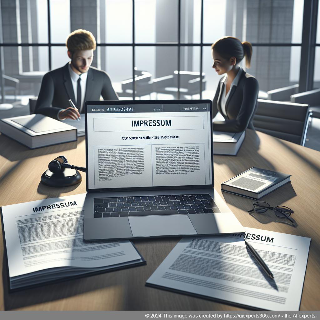 Grafik zeigt einen Laptop mit einem geöffneten Dokument zur Erstellung eines rechtssicheren Impressums sowie Notizen zum Thema Adressschutz.