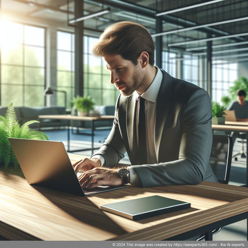 Virtuelles Büro mit einem modernen Arbeitsplatz; ein deutscher Unternehmer arbeitet an seinem Laptop in einem stilvollen Büro mit Pflanzen im Hintergrund.