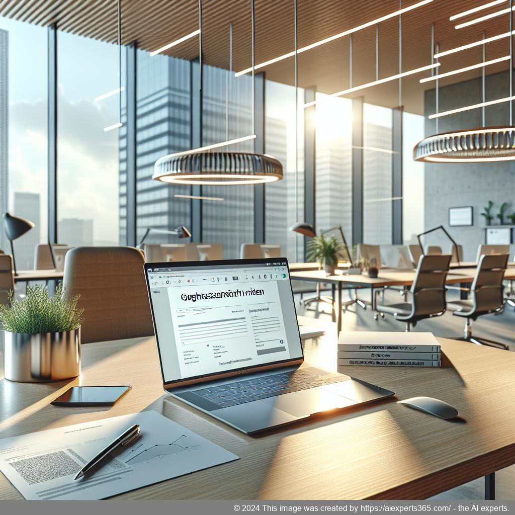 Professionelle Darstellung eines Büros mit einem Laptop und Unterlagen zur Thematik 'Geschäftsanschrift mieten'.