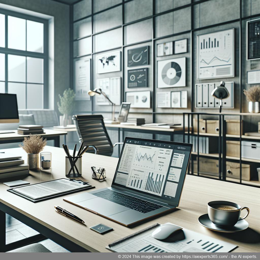 Professionelle Büroumgebung mit einem Laptop auf einem Tisch; symbolisiert das Mieten einer Firmenanschrift für mobile Unternehmer.