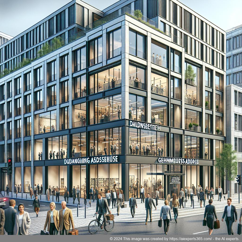 Grafik zeigt ein modernes Bürogebäude mit dem Schriftzug 'Ladungsfähige Geschäftsadresse' als Symbol für den Schutz der Privatsphäre von Unternehmern.