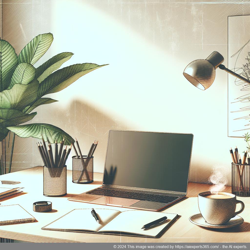 Eine Darstellung eines modernen Arbeitsumfelds mit einem Laptop auf einem Schreibtisch neben einer Tasse Kaffee; symbolisiert Flexibilität durch eine virtuelle Büroadresse.