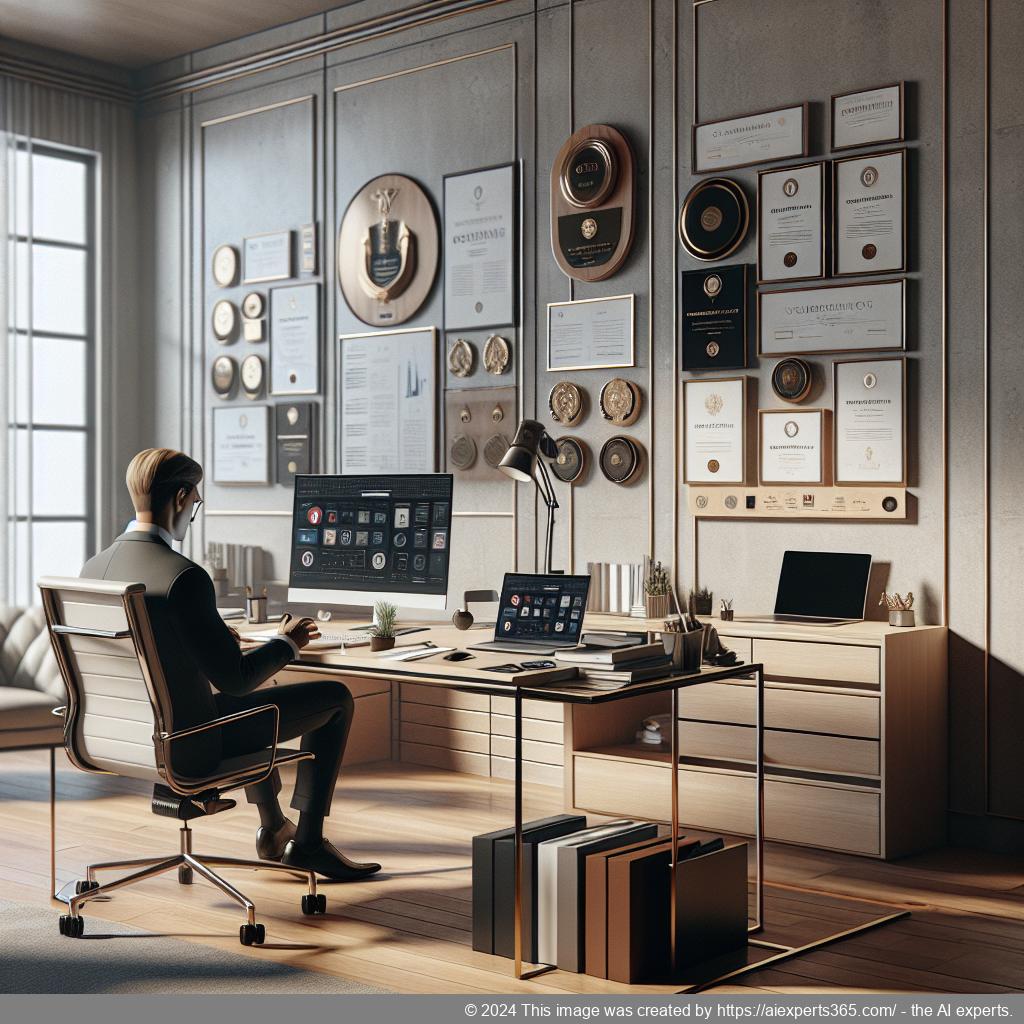 Professionelle Darstellung eines virtuellen Büros mit einem modernen Arbeitsplatz und einer renommierten Geschäftsadresse.