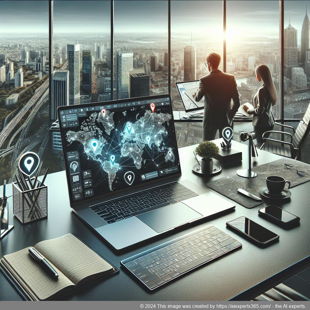 Ein Bildschirm zeigt verschiedene Standortmarkierungen auf einer digitalisierten Karte symbolisch für virtuelle Geschäftsadressen