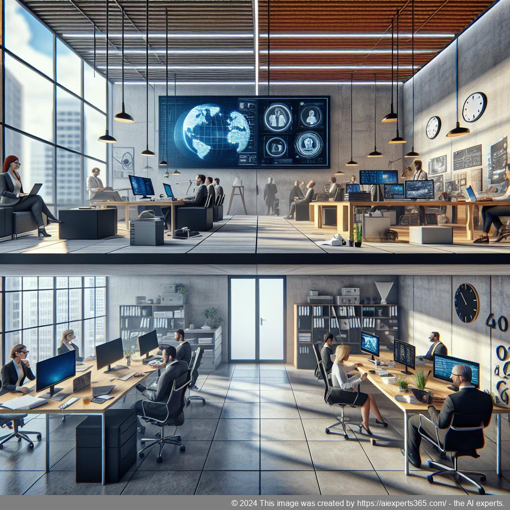 Grafik zur Gegenüberstellung von virtuellem Büro und physischem Büro mit Fokus auf Vorteile und Herausforderungen.