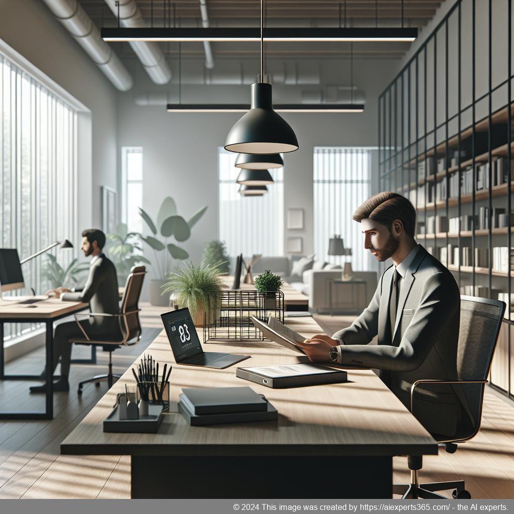 Professionelles Bild eines modernen Büros mit einem Laptop auf einem Schreibtisch und einem ansprechenden Briefbogen im Hintergrund - Symbol für virtuelle Geschäftsadressen bei der Gründung eines Einzelunternehmens.