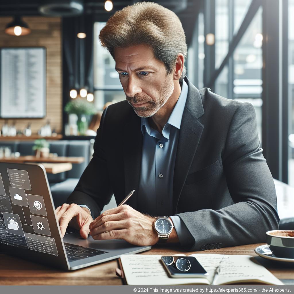 Reisender Unternehmer nutzt Laptop in einem Café mit dem Service eines virtuellen Büros