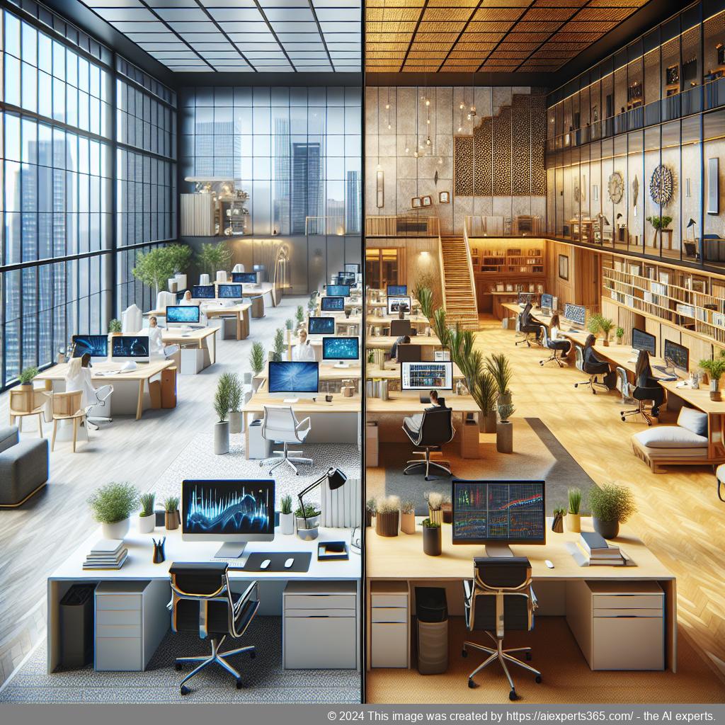 Vergleich zwischen einem traditionellen Mietbüro und einem modern eingerichteten virtuellen Büro